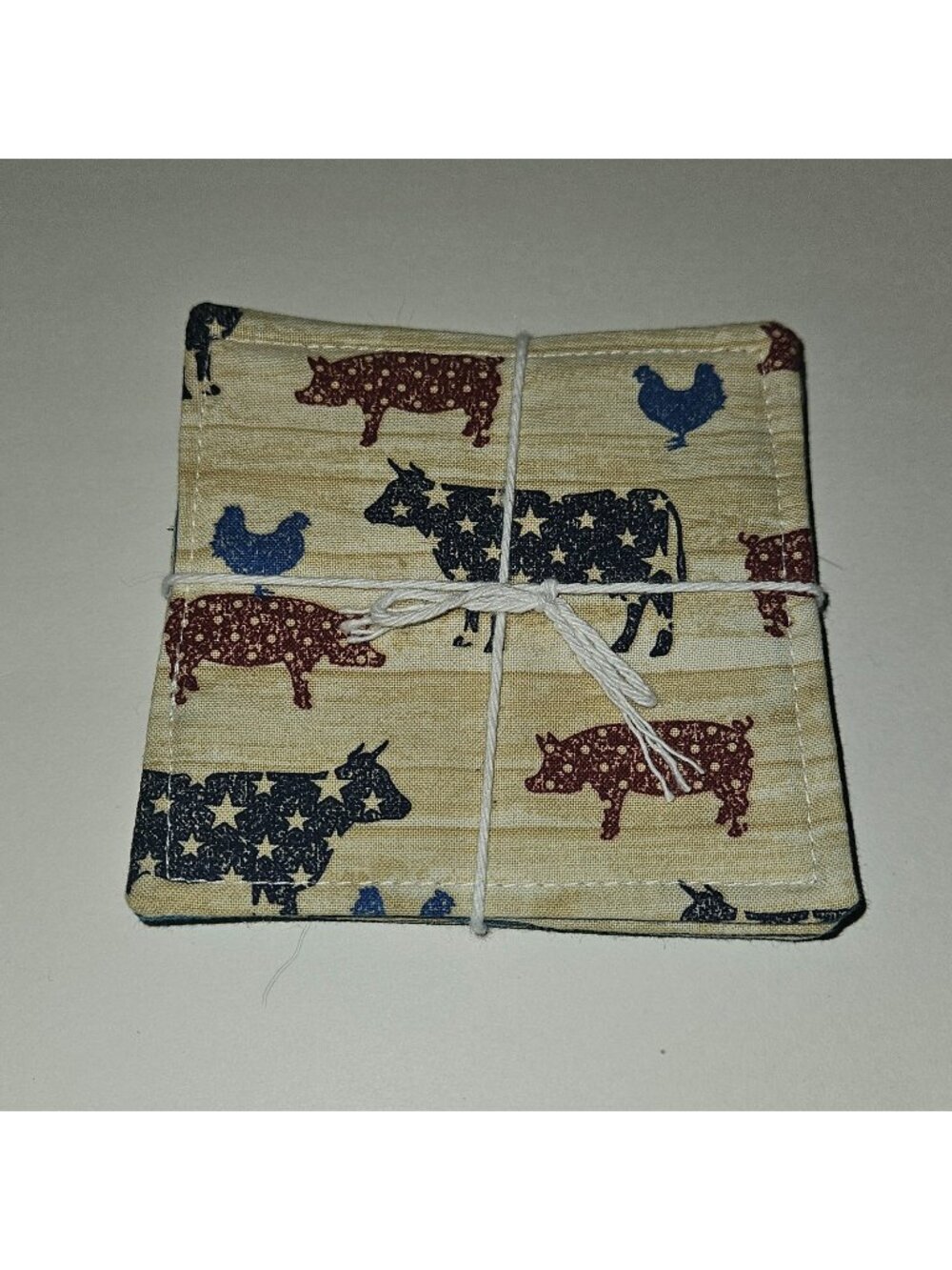 4 Fabric Coasters Decor Gift Handmade Rustic Farm Cow Pig Chicken NEVER USED